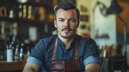 A stylish European man in a cafe setting, exuding confidence and charm. Captured in a relaxed pose, this portrait highlights his fashionable appearance and inviting atmosphere.の写真素材