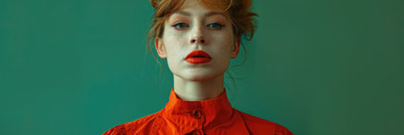 This striking portrait features a fashion model in bold red attire against a vibrant background, showcasing a captivating blend of style and beauty.の写真素材