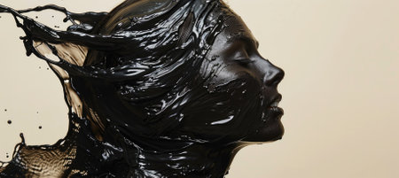 A striking artistic representation showcasing a flowing dark liquid merging with the silhouette of a face. This composition evokes movement and emotion in a modern setting.の写真素材