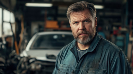 This portrait features a mature European man with a beard, dressed in a workshop. His serious expression reflects experience and dedication to his craft, surrounded by tools and vehicles.の写真素材