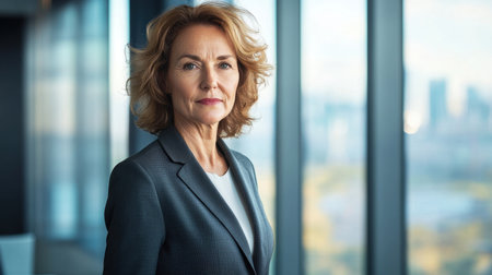 Portrait of a mature European woman in a business suit, exuding confidence and professionalism. Captured in an office with a city view, she represents success in the corporate world.の写真素材