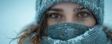A captivating close-up portrait of a woman bundled in a warm scarf and hat, surrounded by a wintery landscape. Her frosted features showcase the beauty of the cold season.の写真素材