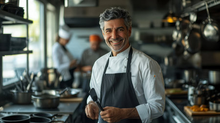 A middle-aged European chef smiles while holding a spatula in a busy kitchen. This portrait captures the essence of culinary art and teamwork in a restaurant environment.の写真素材