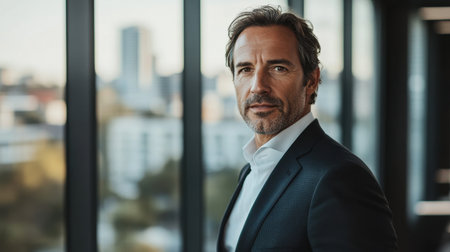 A confident middle-aged businessman in a modern office setting, showcasing professionalism and leadership with a thoughtful expression and contemporary style.の写真素材