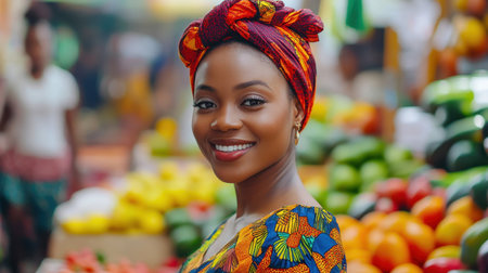 A vibrant portrait of a young African woman smiling in a market setting, showcasing her colorful attire and joyful expression amidst fresh produce.の写真素材