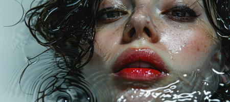 A captivating close-up portrait of a woman submerged in water, showcasing her radiant skin and glossy lips. The water creates mesmerizing reflections, enhancing the serene atmosphere.の写真素材