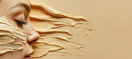 This artistic representation captures the fluid beauty of creamy textures flowing over a serene face, illustrating elegance and harmony through design and color.の写真素材