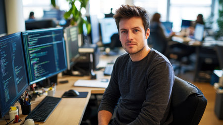 Portrait of a focused male software developer in a modern office, engaged in coding and technology tasks, showcasing a professional work environment.の写真素材