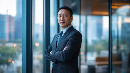 A professional portrait of a middle-aged Asian man in a formal suit, standing confidently by a large window with an urban skyline in the background.の写真素材