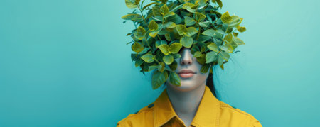 A unique artistic portrait showcasing sustainability through a woman with foliage covering her face, symbolizing a connection to nature and eco-friendly living.の写真素材