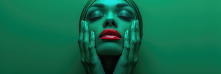 A striking portrait of a woman with green tones, evoking themes of sustainability and beauty. This image blends elegance with a modern aesthetic.の写真素材