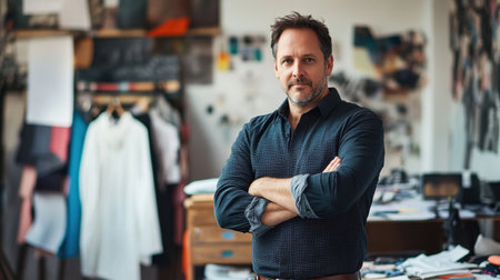 This portrait features a European male designer in his forties, confidently gazing in his creative...