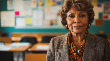 A professional portrait of an older Black female educator in a classroom setting, showcasing her confidence and wisdom, and highlighting her role as an inspiring mentor in education.の写真素材