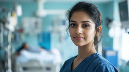 A South Asian woman in her late 20s wearing scrubs stands confidently in a medical environment, showcasing her dedication to healthcare and patient care.の写真素材