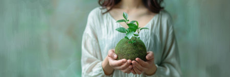 A person holds a small globe of moss with a sprouting plant, symbolizing sustainability and a commitment to nurturing the environment and promoting ecological awareness.の写真素材