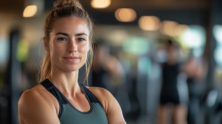 Portrait of a dynamic young European woman in a gym setting, exuding confidence and strength. She personifies motivation with a cheerful expression, perfect for fitness themes.の写真素材