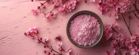 A beautiful arrangement of natural pink bath salt in a bowl, surrounded by delicate cherry blossoms. Perfect for wellness, relaxation, and spa experiences.の写真素材