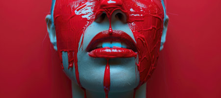 A striking art piece featuring a mannequin with a vibrant red liquid mask against a bold background,...