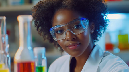 A young Black female scientist works diligently in a modern laboratory, surrounded by colorful...