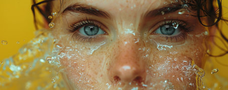 Captivating close-up of a pair of striking blue eyes submerged in water, surrounded by bubbles. This image conveys beauty and serenity, evoking emotions and a sense of freshness.の写真素材
