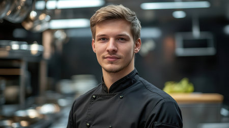 A young man in a chefs uniform poses confidently in a modern kitchen, showcasing his passion for culinary arts and professional cooking.の写真素材