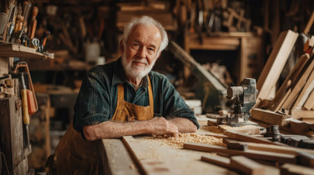 An elderly male carpenter smiles while working in his rustic workshop. Surrounded by tools and wood, he embodies craftsmanship and dedication to his craft.の写真素材