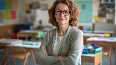 A confident middle-aged female teacher stands in a vibrant classroom, showcasing her dedication to education and nurturing student growth.の写真素材