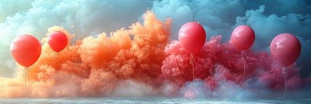 This vibrant image features colorful balloons against a backdrop of swirling smoke, perfect for capturing the joy of celebrations and parties.の写真素材
