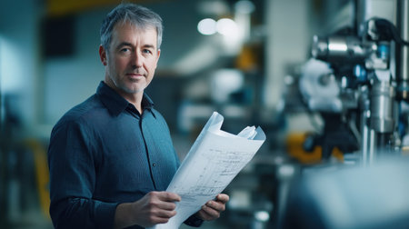 A seasoned European male engineer stands confidently in an industrial workspace, holding blueprints, symbolizing innovation and expertise in technology and design.の写真素材