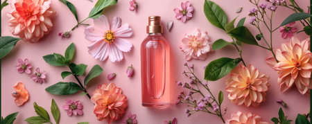 A serene composition featuring a skincare bottle surrounded by vibrant flowers and greenery, ideal...