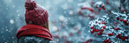 A serene winter scene featuring a woman in warm clothing, surrounded by a snowy landscape and vibrant red berries, evoking tranquility and joy in natures beauty.の写真素材