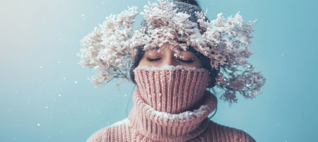 A serene portrait of a woman wearing a cozy sweater, adorned with a snowy headpiece, capturing the...