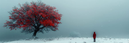 A tranquil winter scene featuring a striking red tree amid a snowy landscape, showcasing a person in...