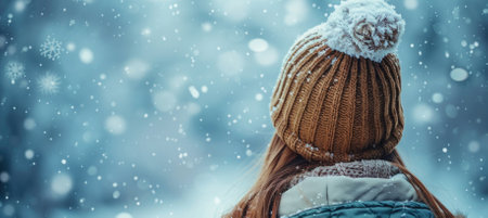 A serene winter scene featuring a person wearing a cozy knit hat, surrounded by falling snowflakes. The tranquil atmosphere evokes a sense of warmth and comfort.の写真素材