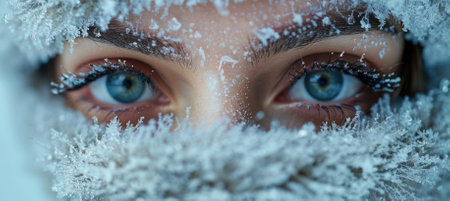 A stunning close-up of a womans eyes framed by frost and snow, capturing the essence of winters chill and beauty, evoking a serene and mysterious atmosphere.の写真素材