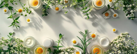 A serene flat lay showcasing natural skincare products surrounded by fresh flowers, perfect for promoting organic beauty and wellness themes.の写真素材