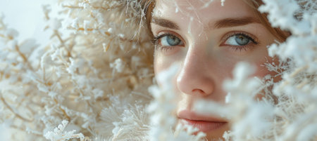 A stunning portrait of a young woman surrounded by frosty elements, capturing the serene beauty of winter. Her bright eyes reflect the chilling atmosphere, evoking a sense of calm and elegance.のeditorial素材