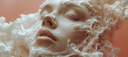 An ethereal artwork featuring a human face enveloped in a flowing liquid texture. The soft, creamy appearance evokes calmness and surreal beauty.の写真素材