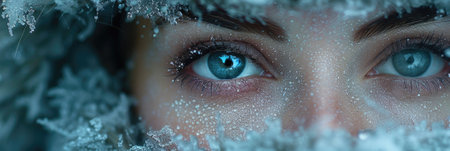 A close-up of captivating blue eyes framed by frost and ice, revealing the beauty and serenity of winter. This striking portrait captures the essence of cold seasons.の写真素材