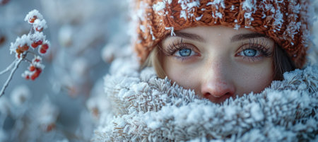 A captivating winter portrait featuring a girl with striking blue eyes, wrapped in a cozy scarf and knit hat, surrounded by a frosty backdrop.のeditorial素材