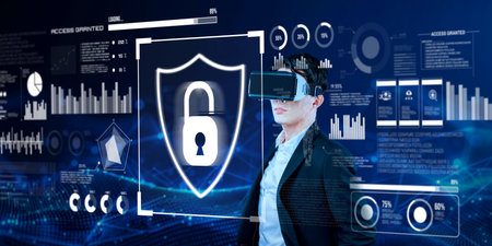 Smart business man connecting at global network by using VR glasses. Project manager accessing big...