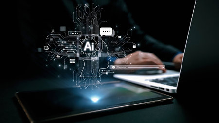 Human interact with AI artificial intelligence brain processor in concept of AI artificial intelligence engineering, big data and AI machine learning to use generative AI for business support. UUIDの写真素材