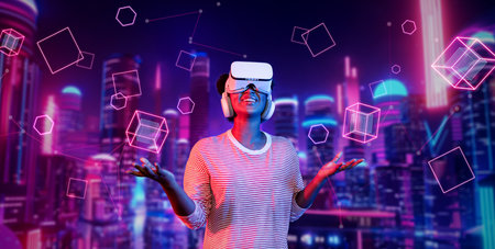 African girl wearing VR glasses and casual cloth while standing at futuristic city. Attractive gamer...