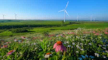 Blur background of solar panel and wind turbines on a green field with yellow flowers. Renewable energy and sustainable technology concept. Design for poster, wallpaper, banner. Clean energy. Spate.の写真素材