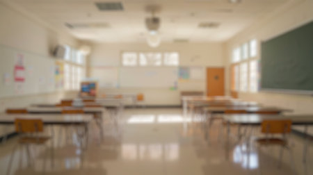 Blur background of traditional library interior with large windows and wooden shelves filled with books surrounded with table. Study and education concept. Design for posters, wallpapers. Spate.の写真素材