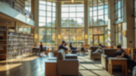 Blur background of children reading a book at spacious public library with large windows and natural scenery. Natural light interior photography. Community and learning environment concept. Spate.の写真素材