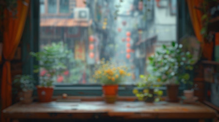 Blur background of elegant room with large windows with sun shining and flowers blooming. Luxurious home interior and nature concept. Design for poster, wallpaper, banner, greeting card. Spate.の写真素材