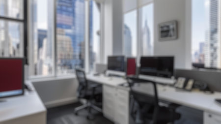 Blur background of modern office with cityscape view and minimalist decor. Modern interior design...