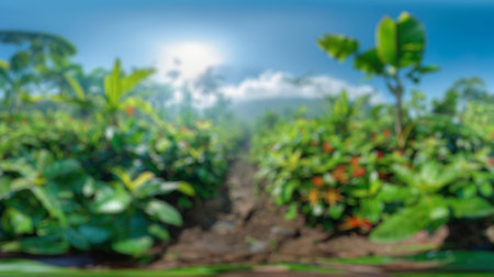 Blur background of vibrant tropical plants under a sky, with details of rain droplets on leaves. Realistic 3D render of a lush environment. Nature and ecology concept. Environmental campaigns. Spate.の写真素材