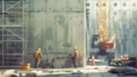 Blur background of construction workers working at a building site with scaffolding and machinery. Professional civil engineer or worker working at site. Industrial and construction process. Spate.の写真素材